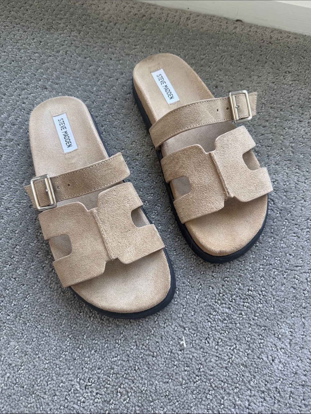 Steve Madden Tan Suede Double-Strap Slide Sandals